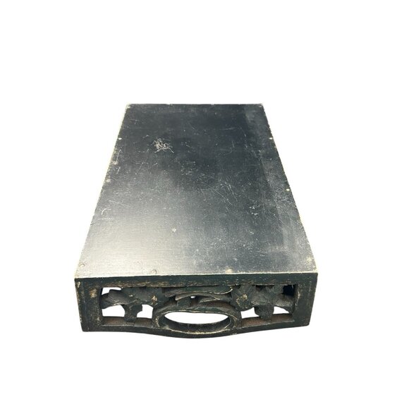 Black Carved Weathered Wood Box Tray Open work Handles Leaves Vine 12 x 8 x 3" - Picture 6 of 11